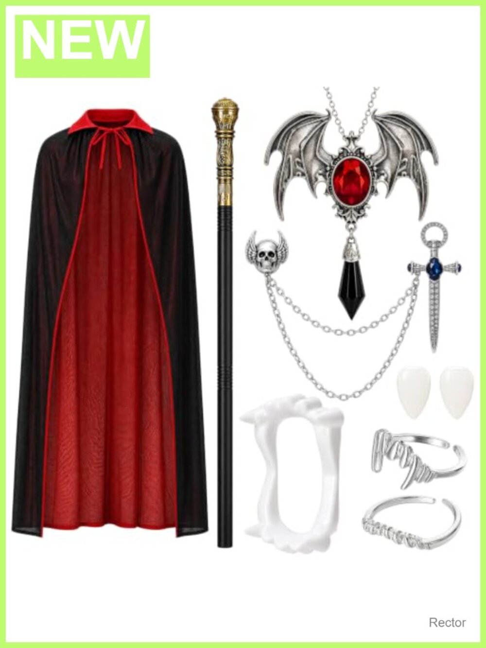 Reversible Vampire Cape Costume Set with Fangs, Scepter, Brooch, Rings